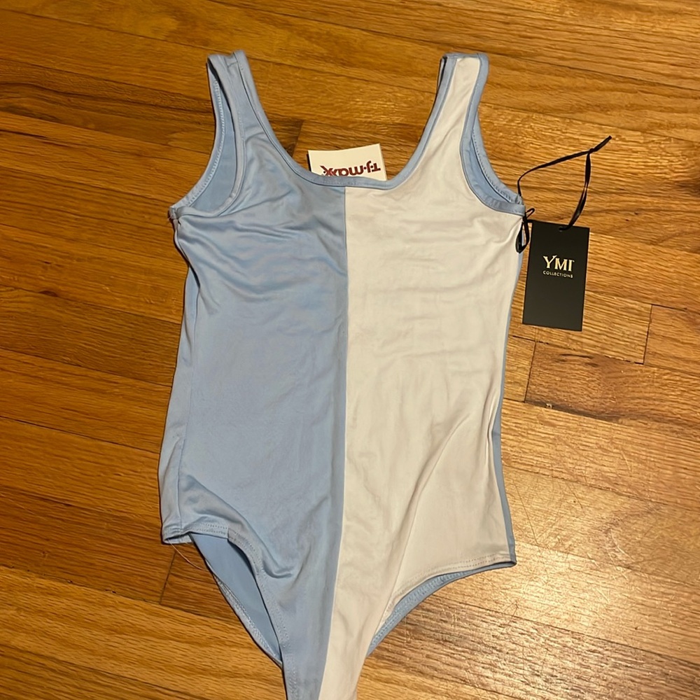 Blue and white bodysuit